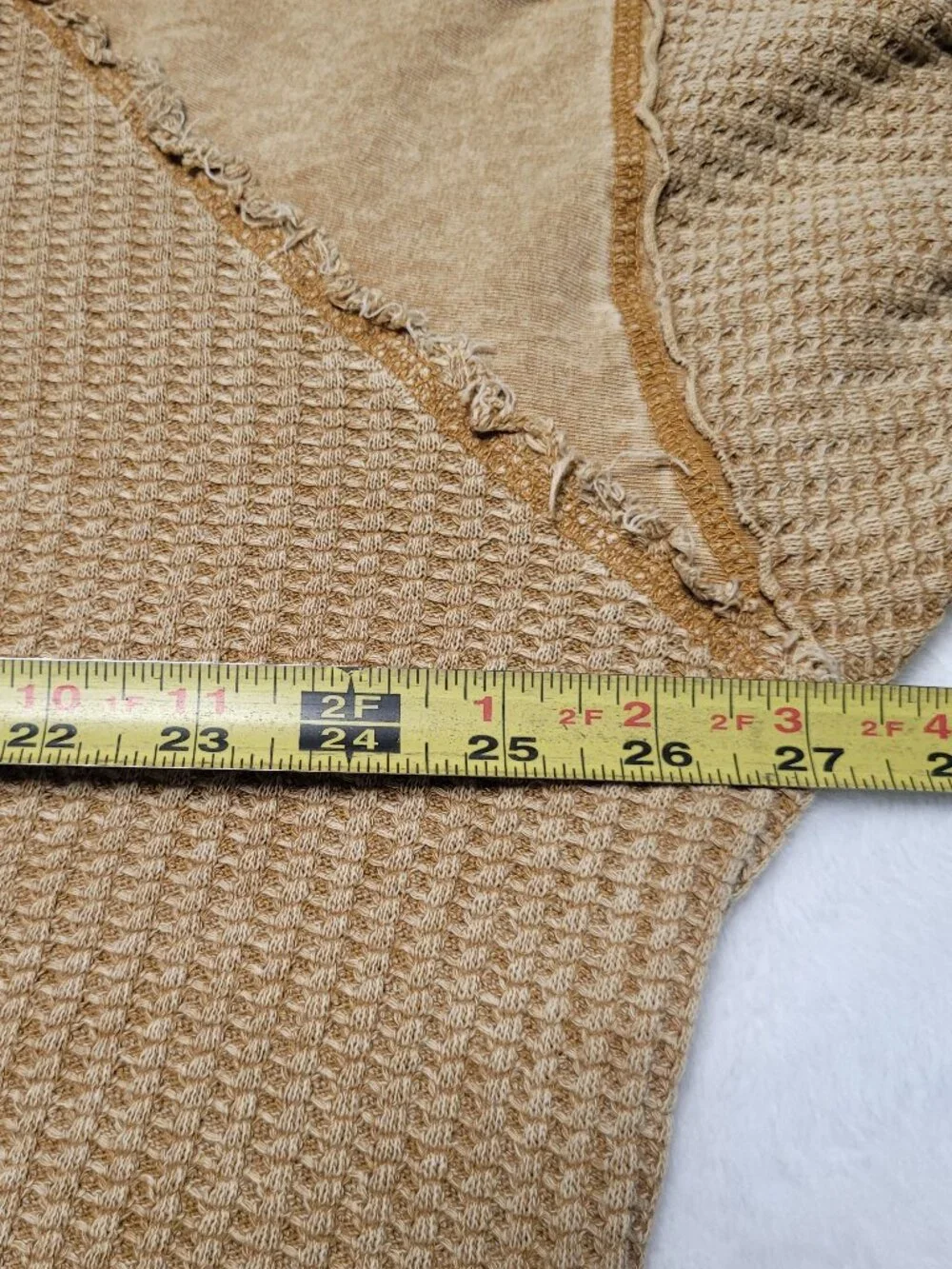 BDG Catskills Thermal Crop Top Y2K Grunge Distressed Raw Edge Waffle Tan L
